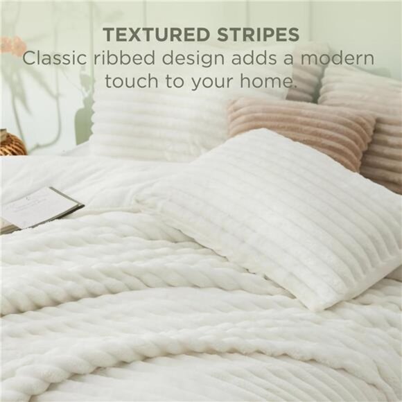 Fluffy Comforter Set Queen - Super Soft Faux Fur Bed Set Cream White, All Season - Picture 4 of 7